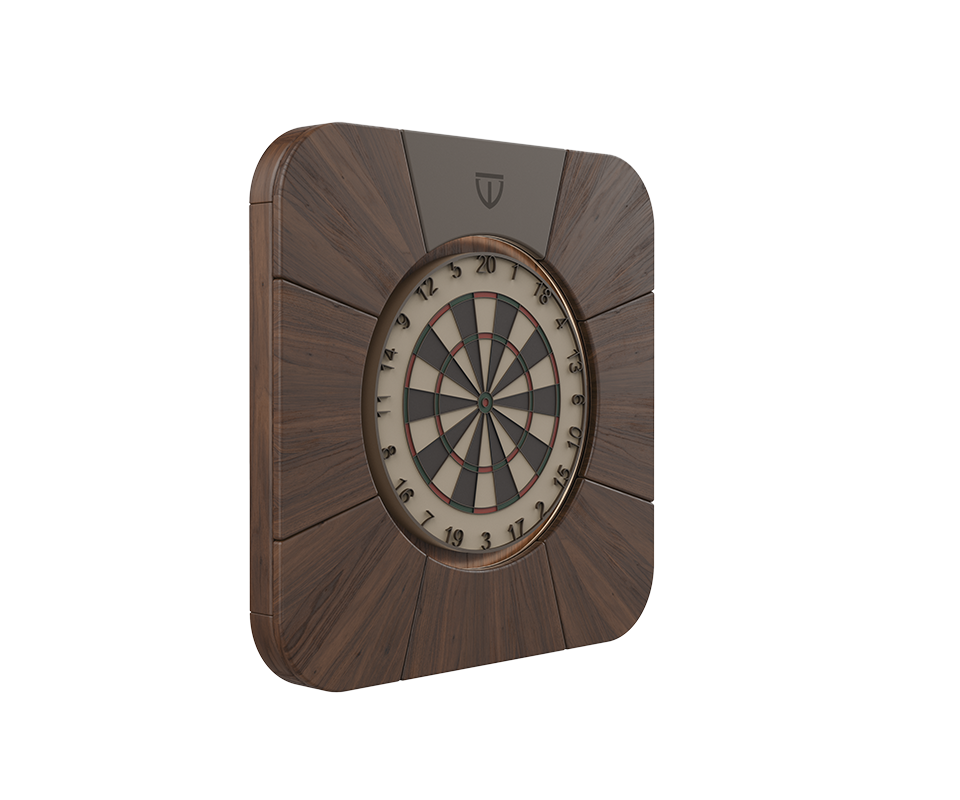 Side view of the Rochford dartboard featuring a WTC smoke walnut structure with powder coated stainless steel details.