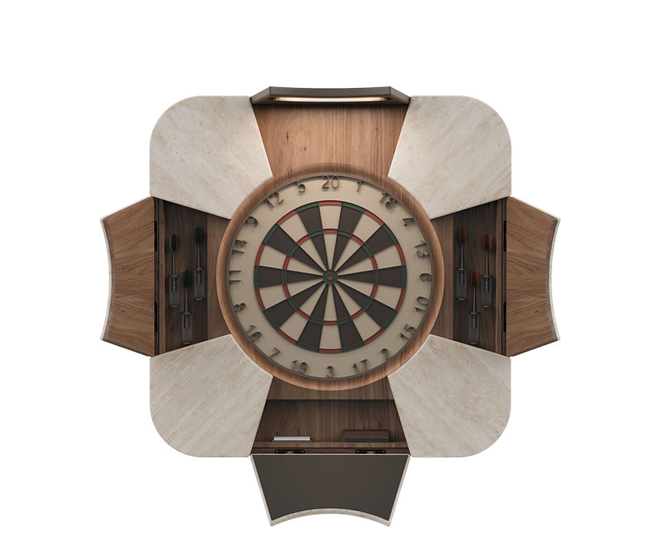 Open front view of the Rochford dartboard featuring a travertine structure with walnut and powder coated stainless steel details with open slots for storing darts including an upper slot with integrated light and a lower slot with the scoreboard.