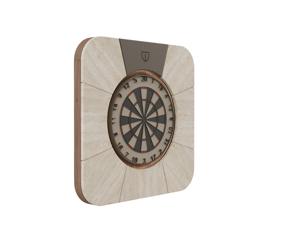Side view of the closed Rochford dartboard featuring a travertine structure with WTC walnut and powder coated stainless steel details.