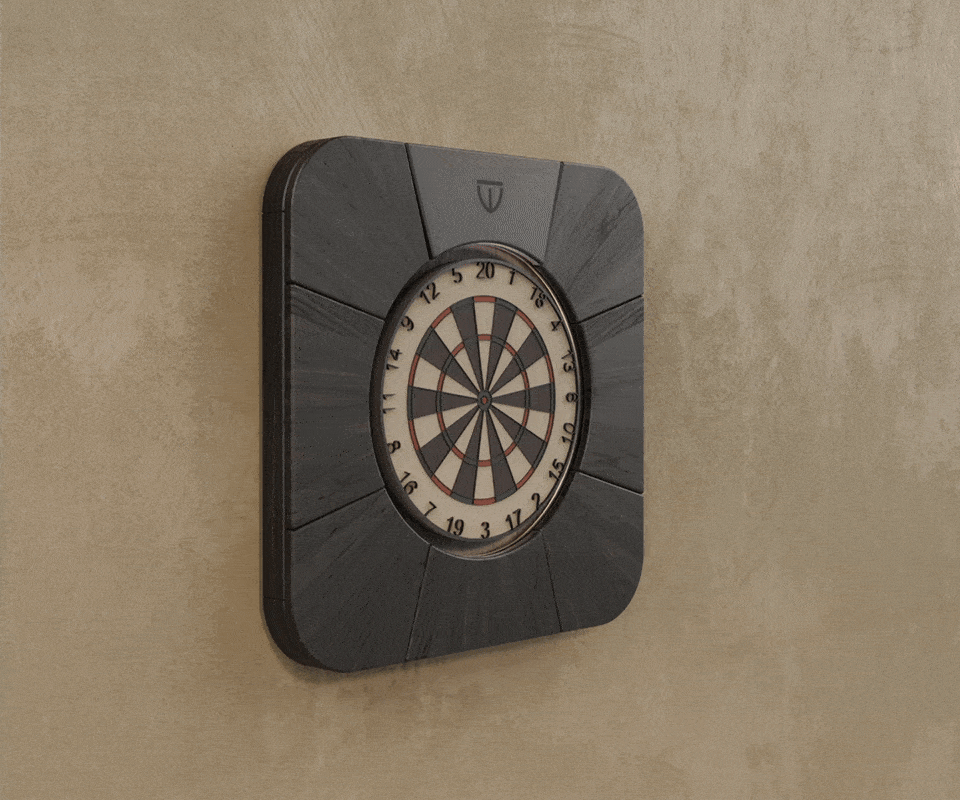 Side view of the Rochford dartboard in black-stained ash wood, showing the engraved brand logo and powder-coated stainless steel details, set against a brown-yellow background.