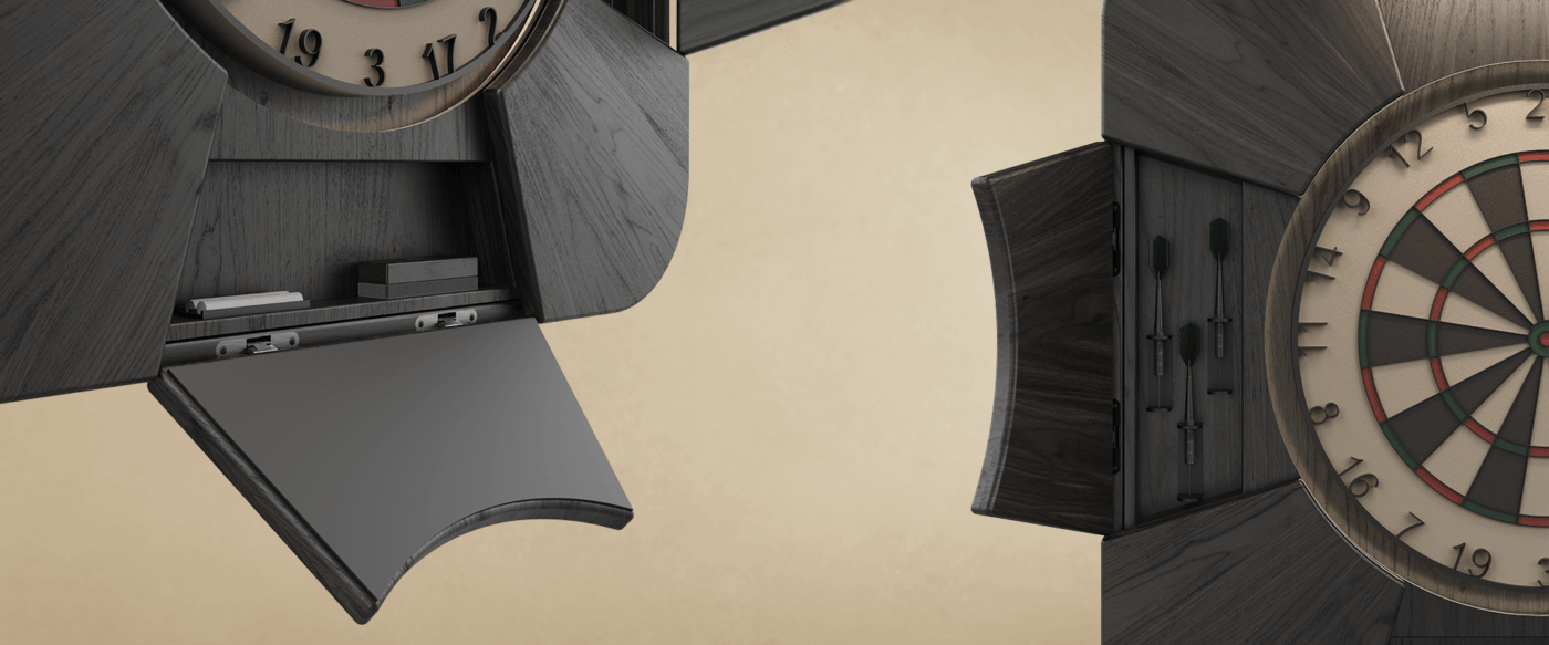 rochford-dartboard-detalhe Close-up of the Rochford dartboard in black-stained ash wood showing the powder coated stainless steel details with darts in the open slots and the chalk scoreboard visible below.