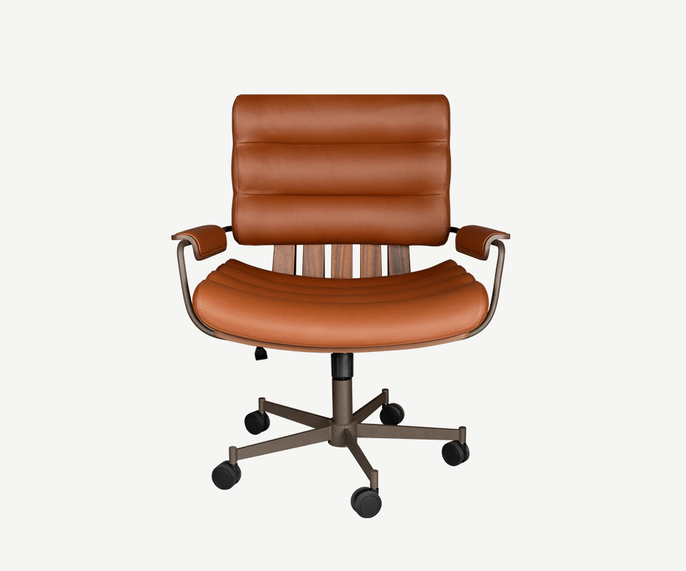 Thomas I Office Chair Thomas I office chair rotating 360º and demonstrating its adjustable height range, upholstered in orange genuine leather and paired with smoked walnut wood, powder-coated stainless steel, and lacquered wood.