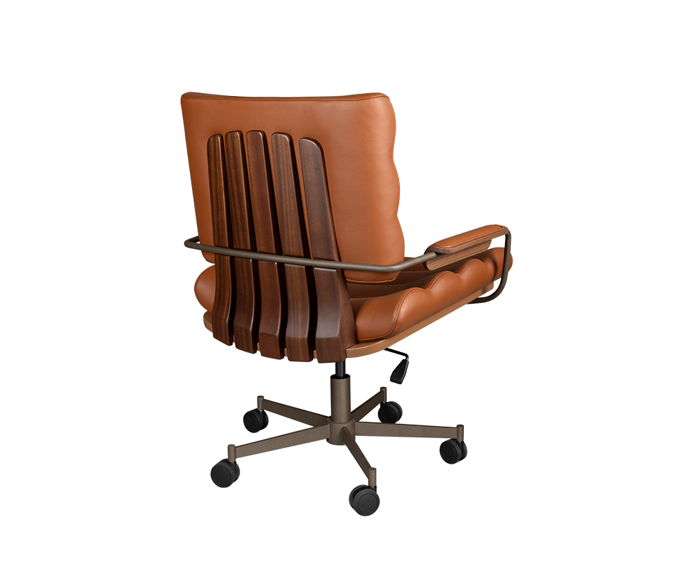 45º back view of the Thomas I office chair, highlighting the sculpted smoked walnut wood back, powder-coated stainless steel structure, and rich orange genuine leather upholstery.