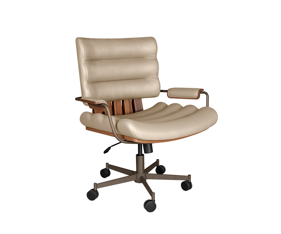 Thomas I office chair in white genuine leather, paired with smoked walnut wood, powder-coated stainless steel, and lacquered wood.