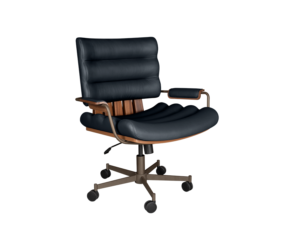 Thomas I office chair in marine blue genuine leather, paired with smoked walnut wood, powder-coated stainless steel, and lacquered wood.