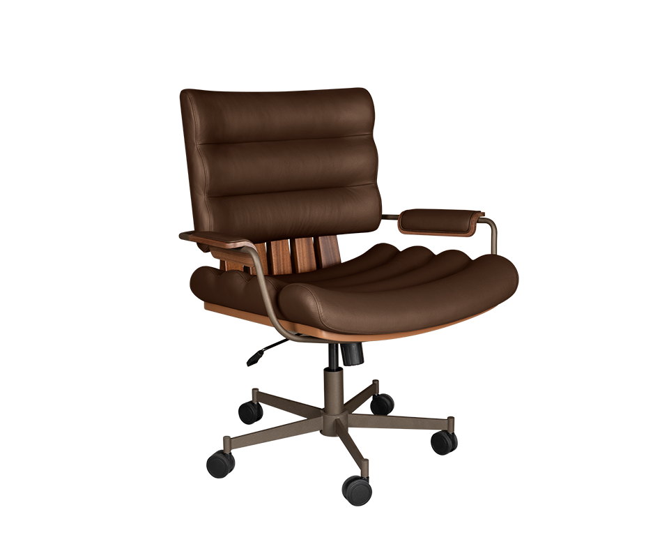 Thomas I office chair in brown genuine leather, paired with smoked walnut wood, powder-coated stainless steel, and lacquered wood.