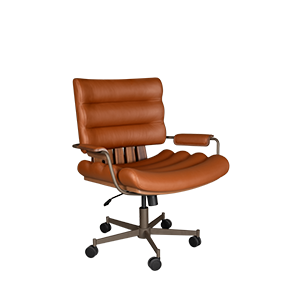 Thomas I office chair in orange genuine leather, paired with smoked walnut wood, powder-coated stainless steel, and lacquered wood.
