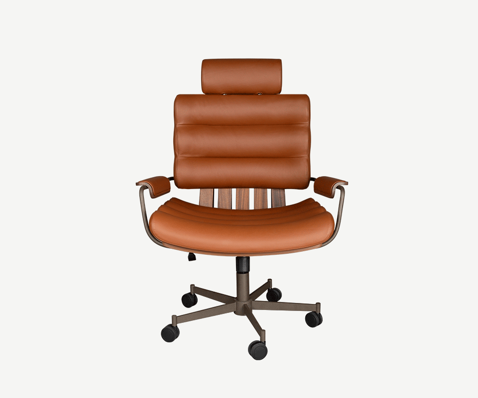 Thomas II Office Chair Thomas II office chair performing a 360º rotation, showcasing its adjustable seat and backrest height, upholstered in orange genuine leather and complemented by smoked walnut wood, powder-coated stainless steel, and lacquered wood.