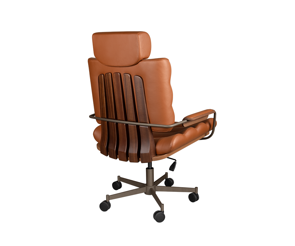 45º back view of the Thomas II office chair, highlighting the sculpted smoked walnut wood back, powder-coated stainless steel structure, and rich orange genuine leather upholstery.