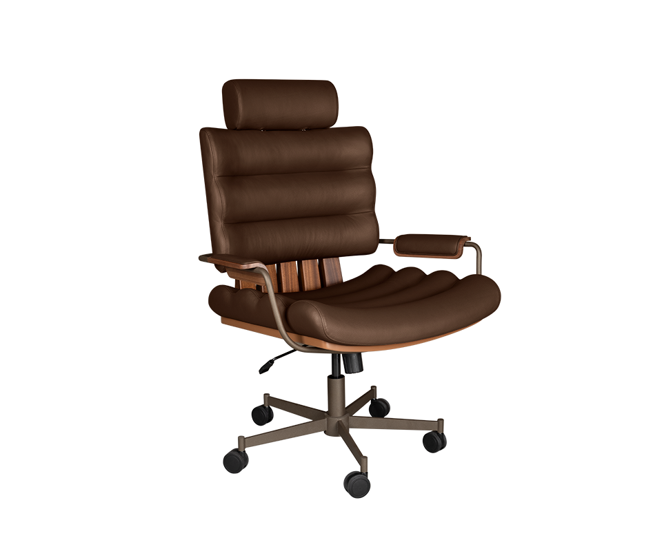 Thomas II office chair in brown genuine leather, paired with smoked walnut wood, powder-coated stainless steel, and lacquered wood.