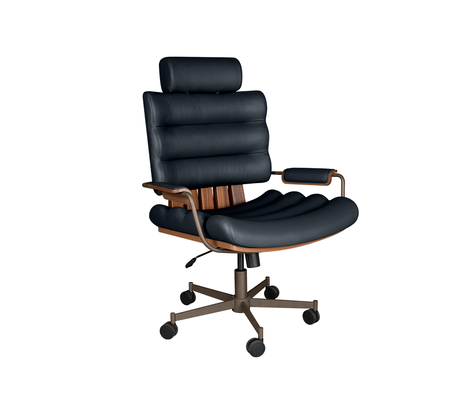 Thomas II office chair in marine blue genuine leather, paired with smoked walnut wood, powder-coated stainless steel, and lacquered wood.