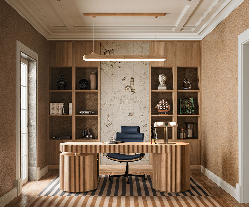 Thomas II office chair in marine blue genuine leather with smoked walnut wood, powder-coated stainless steel, and lacquered wood, styled in an elegant home office beside the Gifford desk in oak and the Bruce suspension lamp in matching oak finish.