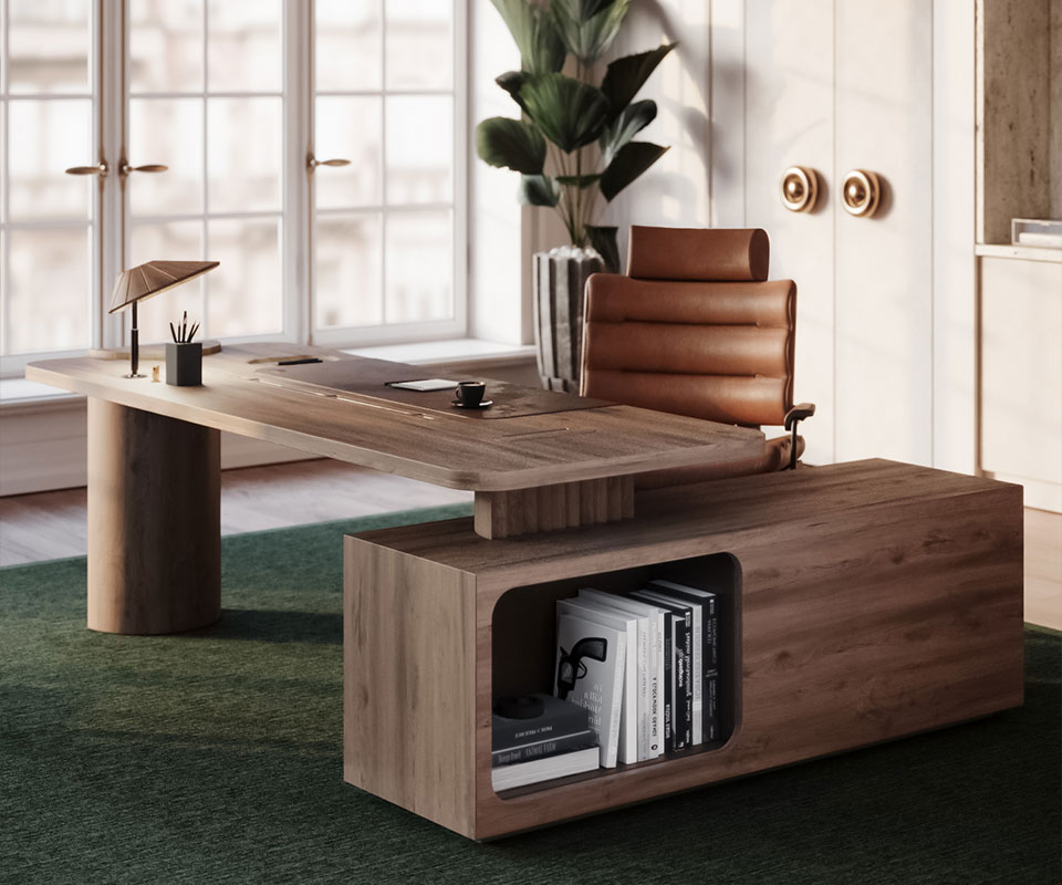 Thomas II office chair upholstered in genuine orange leather, positioned beside the Willington desk in smoked walnut wood, styled within an elegant home office environment.