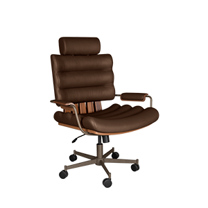 Thomas II office chair in brown genuine leather, paired with smoked walnut wood, powder-coated stainless steel, and lacquered wood.