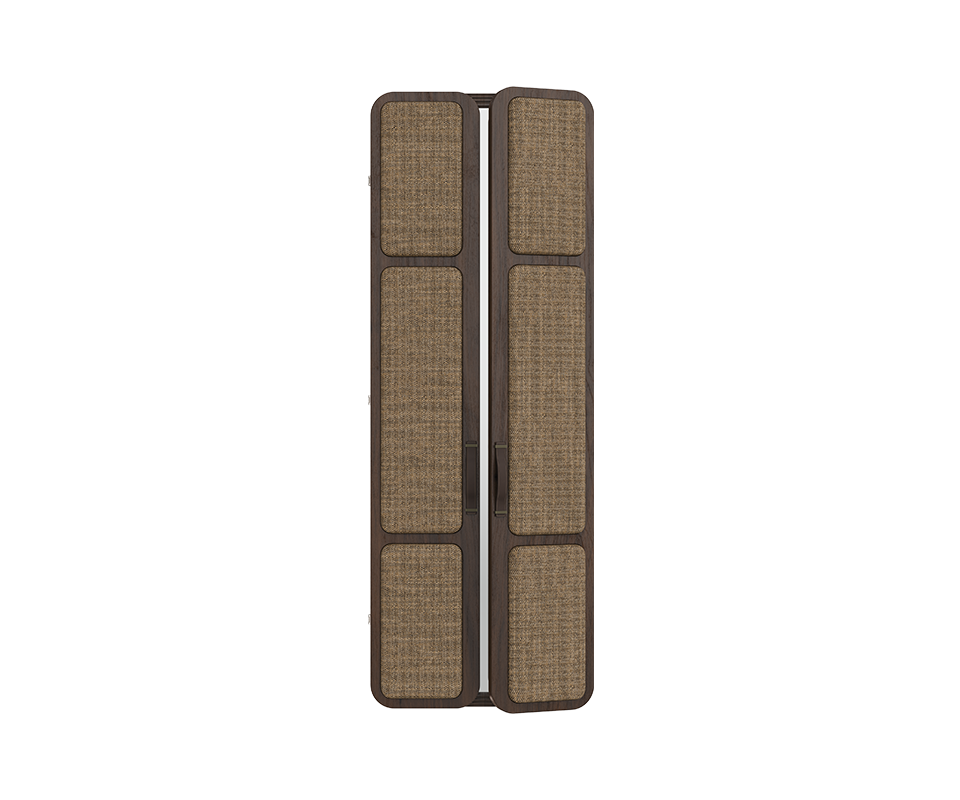 Tom folding mirror with one semi-opened door, showcasing upholstered panels in linen and smoked walnut wood.