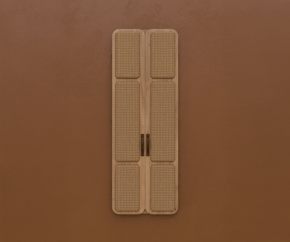 Animation of the Tom mirror opening its oak wood and linen doors, set against a brown-orange background.