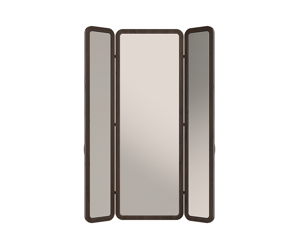 Tom folding mirror with open doors revealing three mirrors, structured in smoked walnut wood.