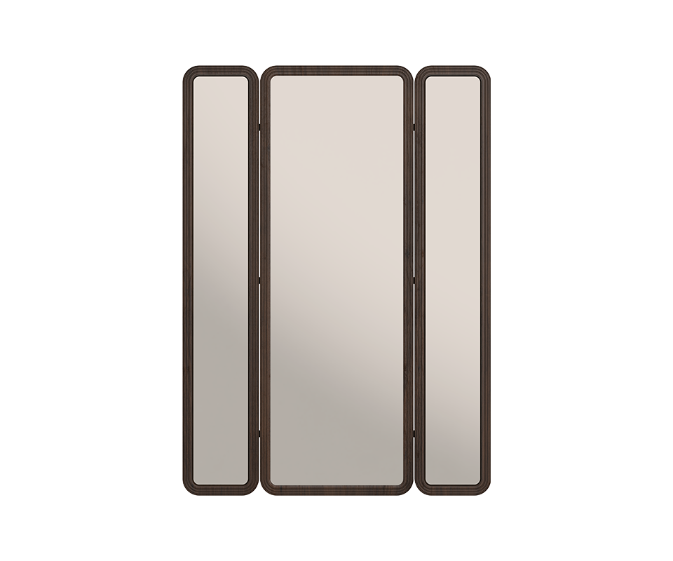 Tom folding mirror with completly open doors revealing three mirrors, structured in smoked walnut wood.