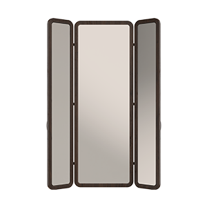 Tom folding mirror with open doors revealing three mirrors, structured in smoked walnut wood.