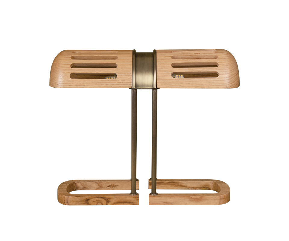Front view of the Turing Table Lamp in natural oak and aged brushed brass.