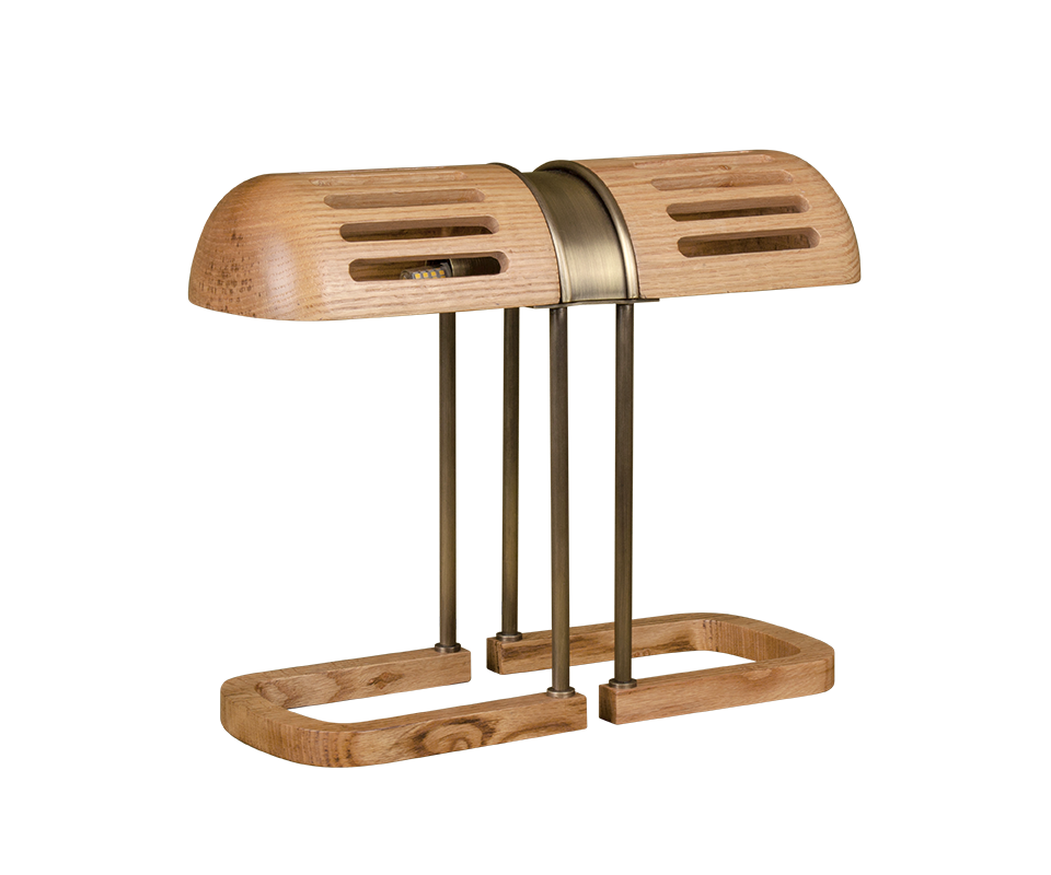 45-degree view of the Turing Table Lamp in natural oak and aged brushed brass.