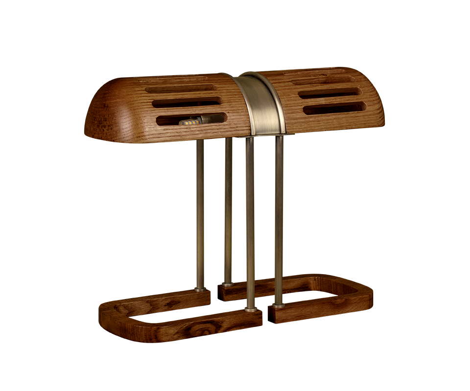 Turing Table Lamp crafted in smoked walnut wood with aged brass accents