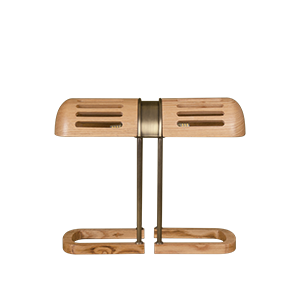 Front view of the Turing Table Lamp in natural oak and aged brushed brass.