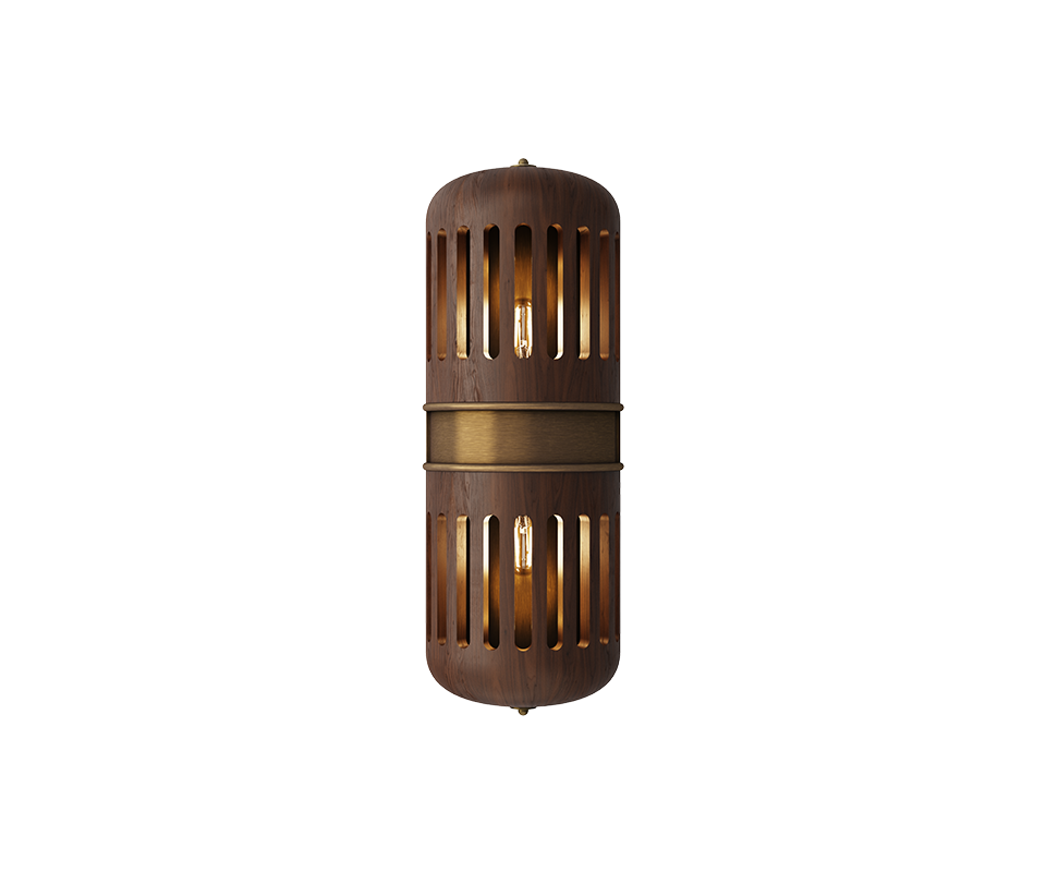Turing Wall Lamp Front view of the Turing wall lamp with the light turned on, meticulously handcrafted in walnut wood with multiple slots and brushed brass details.