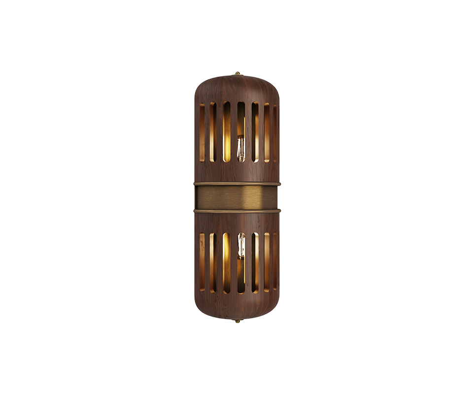Side view of the Turing wall lamp with the light turned on, meticulously handcrafted in walnut wood with multiple slots and brushed brass details.