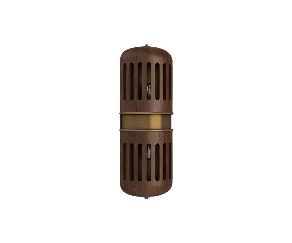 Side view of the Turing wall lamp with the light turned off, meticulously handcrafted in walnut wood with multiple slots and brushed brass details.