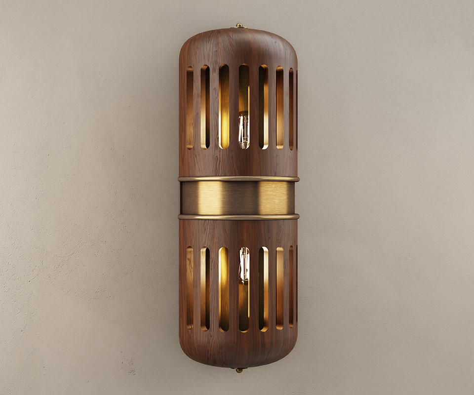 Side view of the Turing wall lamp with the light turned on, meticulously handcrafted in walnut wood with multiple slots and brushed brass details set against a beige wall.