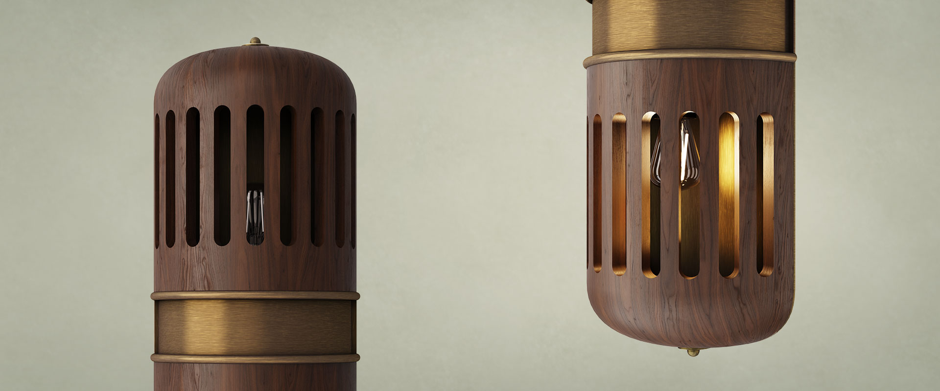 Turing Wall Lamp Close-up of the Turing wall lamp, meticulously handcrafted in walnut wood with multiple slots and brushed brass details, shown with one light turned on and the other off, highlighting the rich wood grain and brass textures.