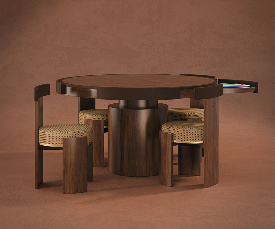 Weslley game table set upholstered in patterned fabric in yellow and black, paired with smoked walnut wood and brushed brass details.