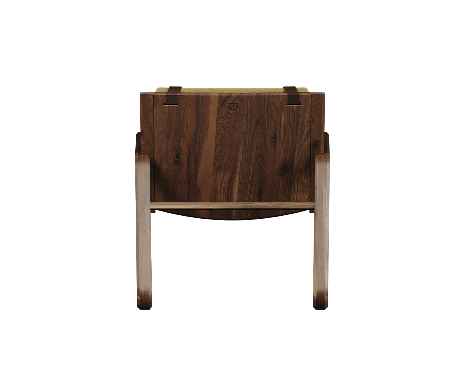 William Rocking Armchair upholstered in striped orange and beige fabric, paired with rattan and walnut wood.