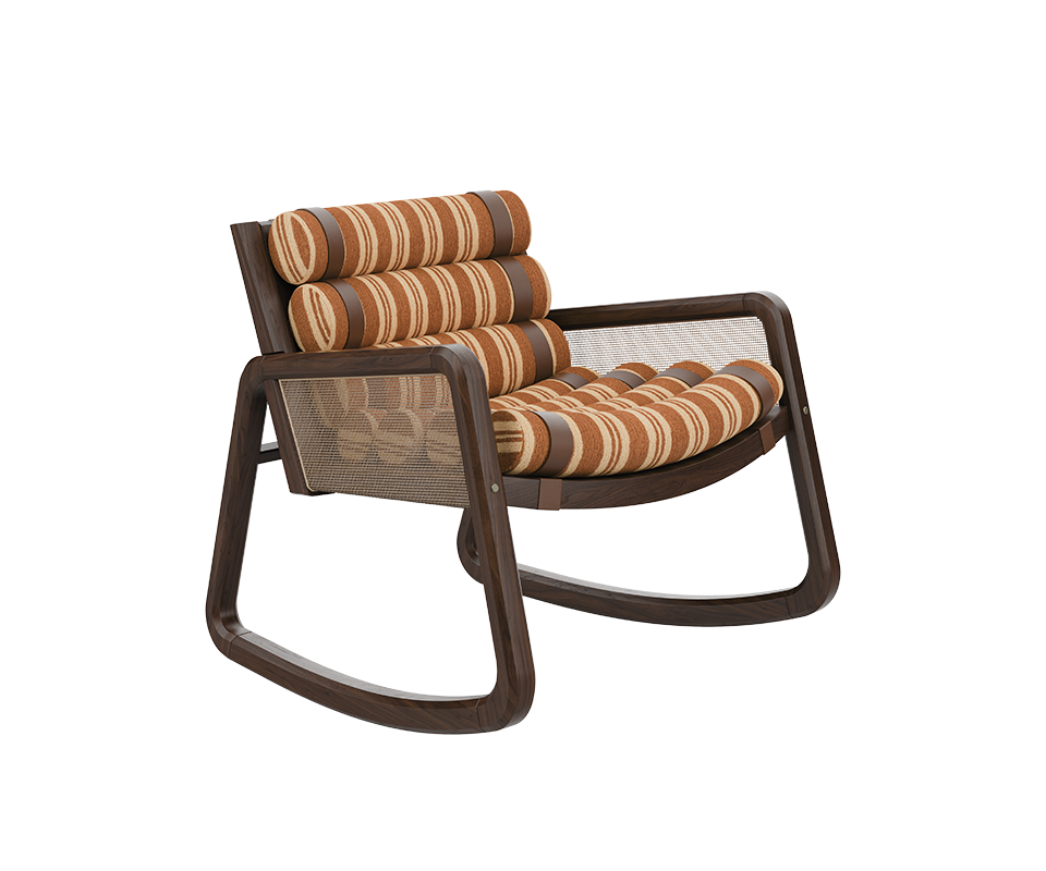 William Rocking Armchair upholstered in striped orange and beige fabric, paired with rattan and walnut wood.