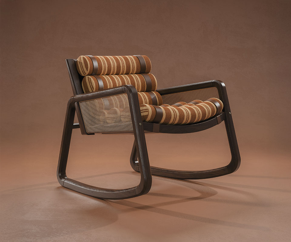William Rocking Armchair upholstered in striped orange and beige fabric, featuring rattan and walnut wood, set against an orange background.