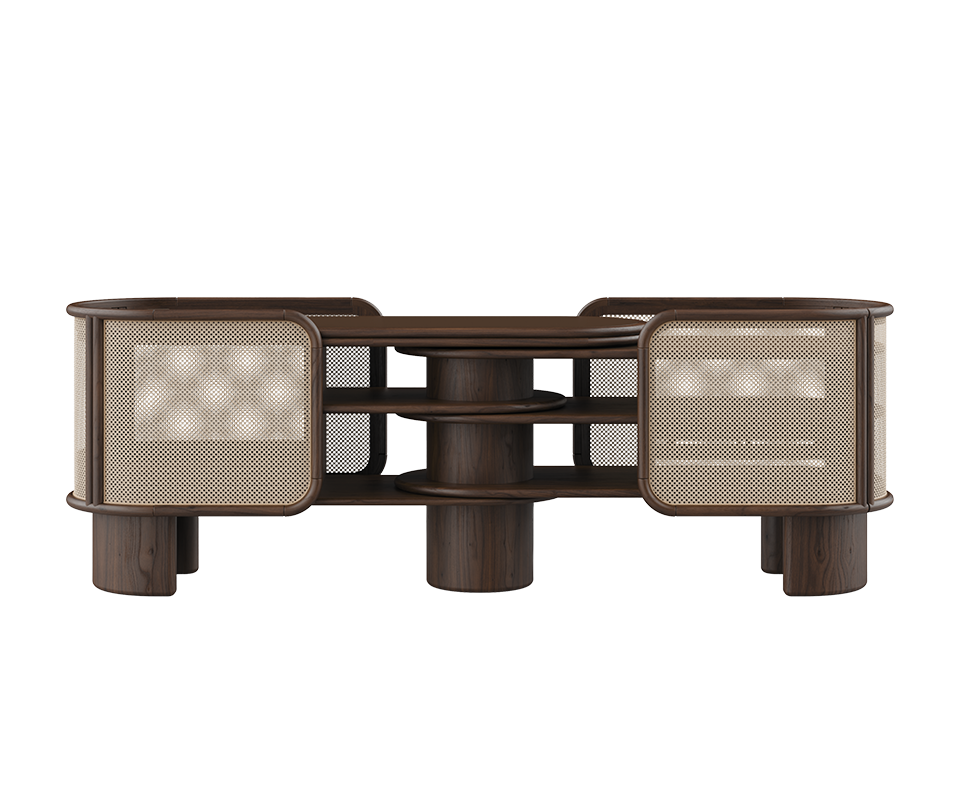 Wodehouse sideboard structured in smoked walnut wood with natural rattan and aged brushed brass, shown in a front-facing position.