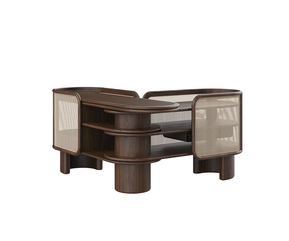 Wodehouse sideboard structured in smoked walnut wood with natural rattan and aged brushed brass, showcasing its ability to be positioned at a 90-degree angle by moving the ends.