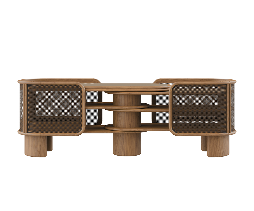 Wodehouse sideboard structured in natural oak wood with smoked walnut rattan and aged brushed brass, shown in a front-facing position.