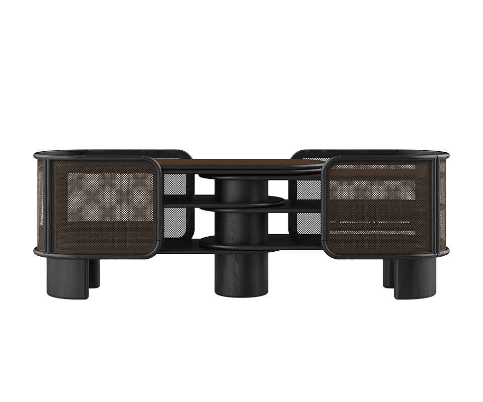 Wodehouse sideboard structured in blaack stained ashwood wood with smoked walnut rattan and aged brushed brass, shown in a front-facing position.