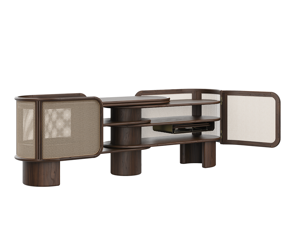 Wodehouse sideboard structured in smoked walnut wood with natural rattan and aged brushed brass, shown at a 45-degree angle with one door open, showcasing the interior storage.