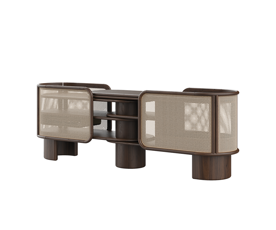 Wodehouse sideboard structured in smoked walnut wood with natural rattan and aged brushed brass, shown at a 45-degree angle.