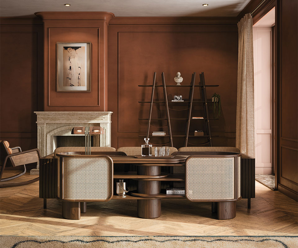 Living room interior showcasing the Wodehouse sideboard, structured in walnut wood with rattan details, placed next to the Blake shelf against a dark red wall.