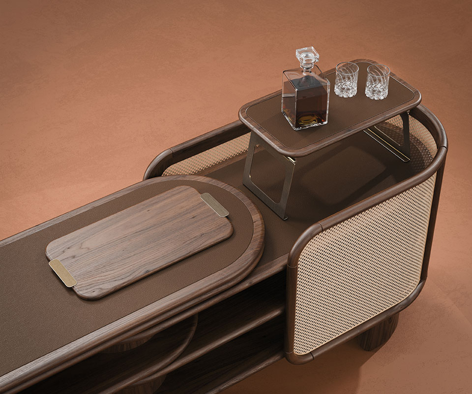 Wodehouse close-up featuring the built-in tray with a liquor bottle and glasses on top.