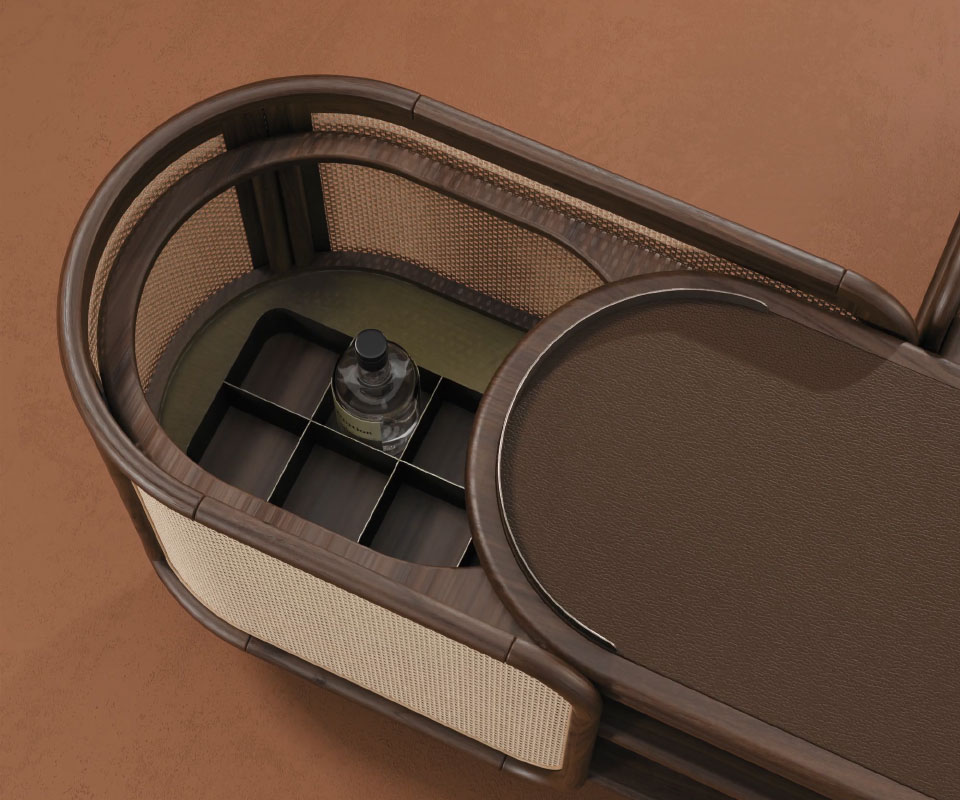 Close-up of the Wodehouse sideboard's bottle storage