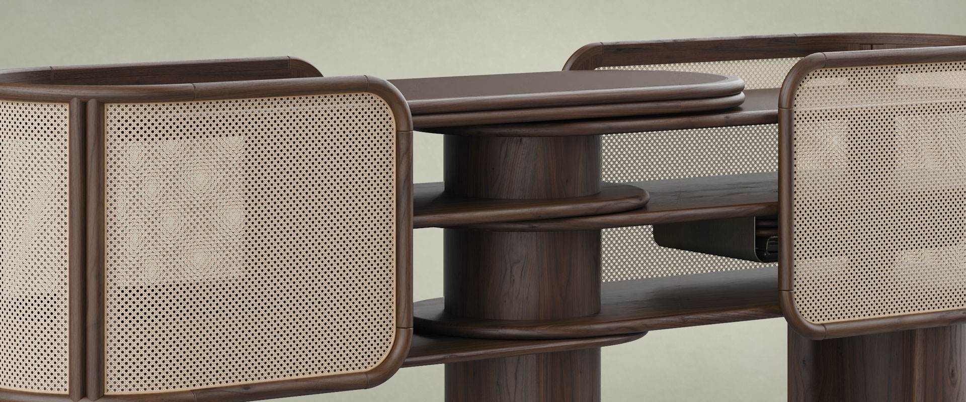 Wodehouse sideboard close-up highlighting the natural rattan and smoked walnut wood.