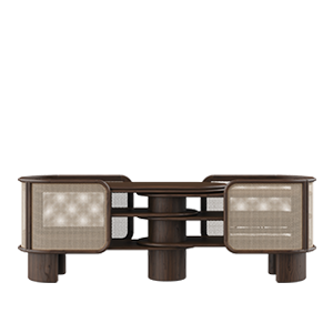 Wodehouse sideboard structured in smoked walnut wood with natural rattan and aged brushed brass, shown in a front-facing position.