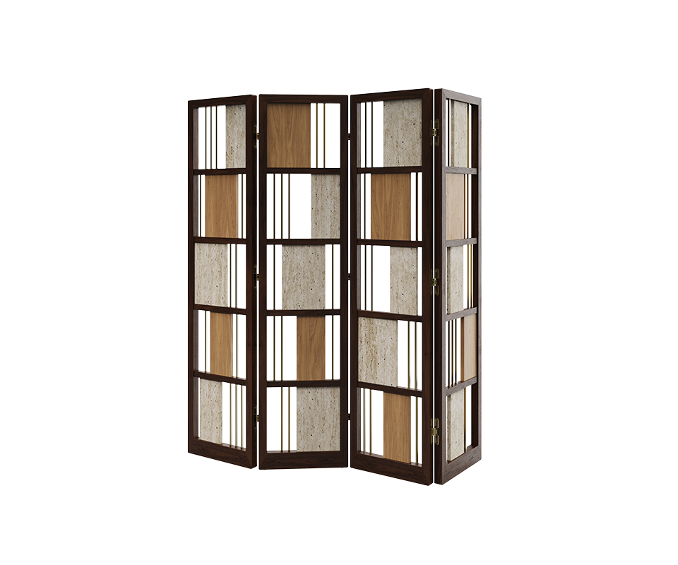 Back view of the fully open Wordsworth folding screen in smoked walnut wood, natural oak, travertine, and brass.