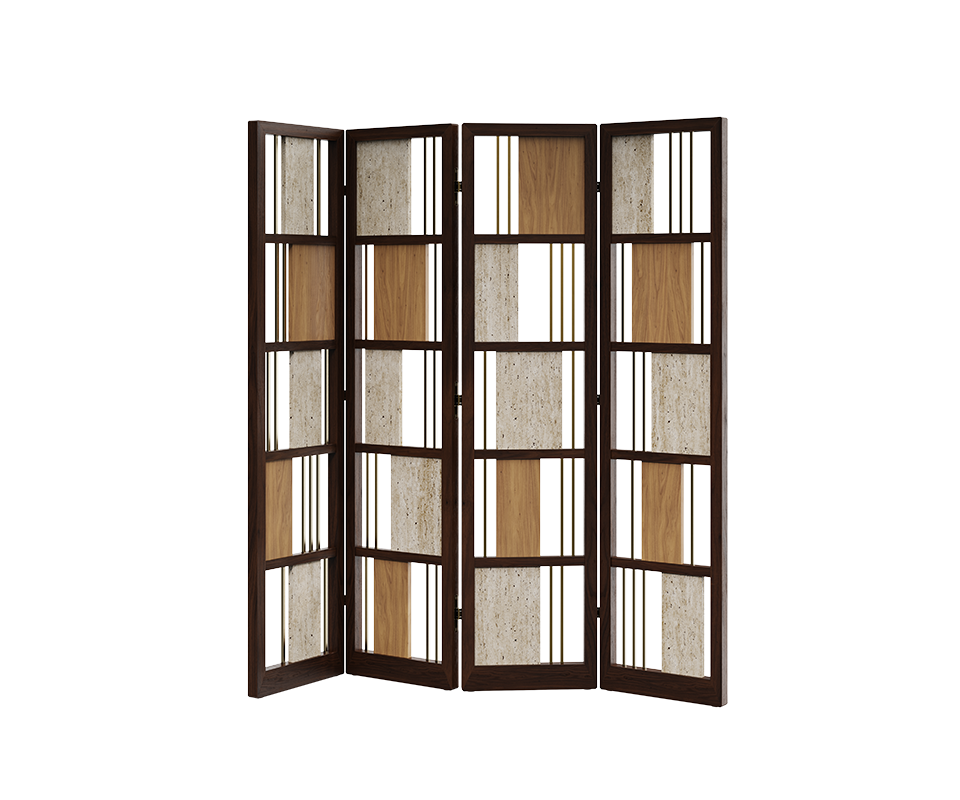 Front view of the fully open Wordsworth folding screen in smoked walnut wood, natural oak, travertine, and brass.