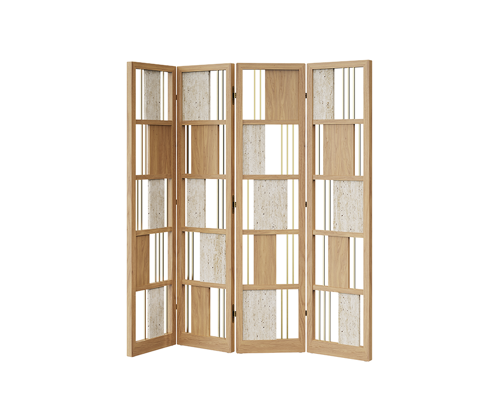 Front view of the fully open Wordsworth folding screen in natural oak, travertine, and aged brass.